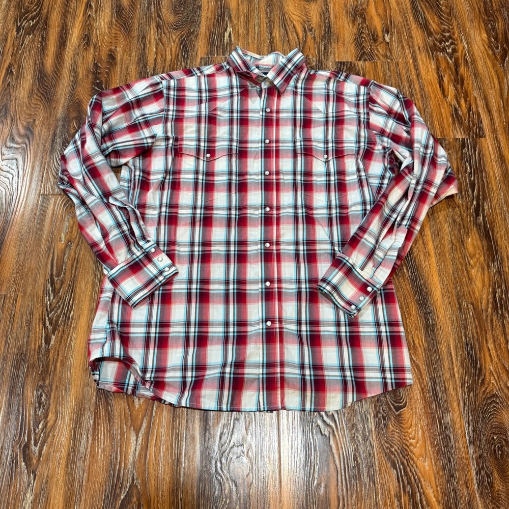 Wrangler XLT Plaid Western Pearl Snap Shirt Mens Red White Teal Cotton MWR141